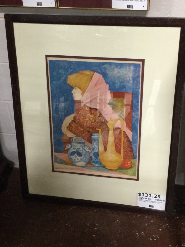 PRINT - Signed & No'd - Blond Girl in Pink Scarf - Brown Frame 29 x 35